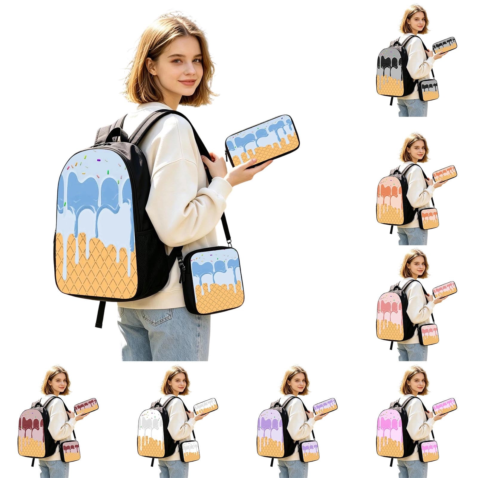 Miaoju Baseball Backpack Ice Cream Backpack with Lunchbox Pencil Case Back to SchoolBrown