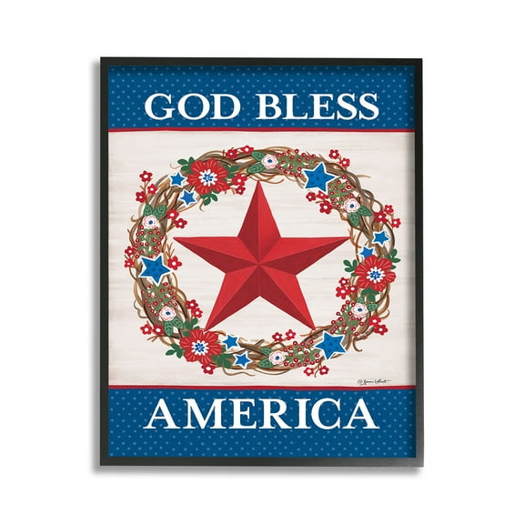 Stupell Industries God Bless America Wreath Botanical & Floral Painting Black Framed Art Print Wall Art, 11 x 14