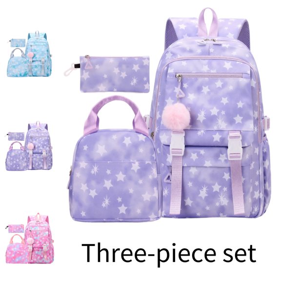School Backpack For Girls Star Tie Dye 3PCS Girls Backpack With Lunch Box And Pencil Pouch Lightweight Kids Bookbag Travel Daypack For Teen Girls Back To School Daily Use,B-Purple