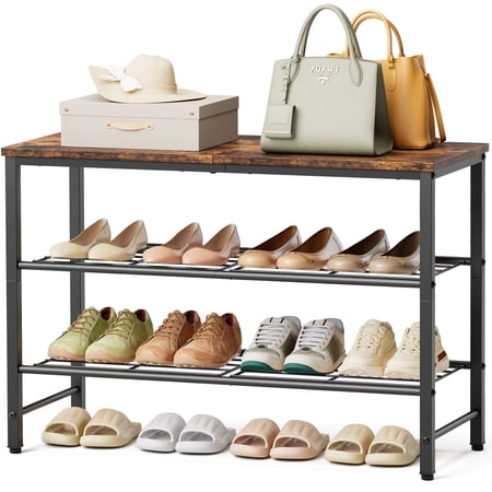 kitsure 3-tier metal shoe rack with wooden top, sturdy shoe organizer for entryway, bedroom, closet, 29.0" x 11.4" x 18.4", rustic brown