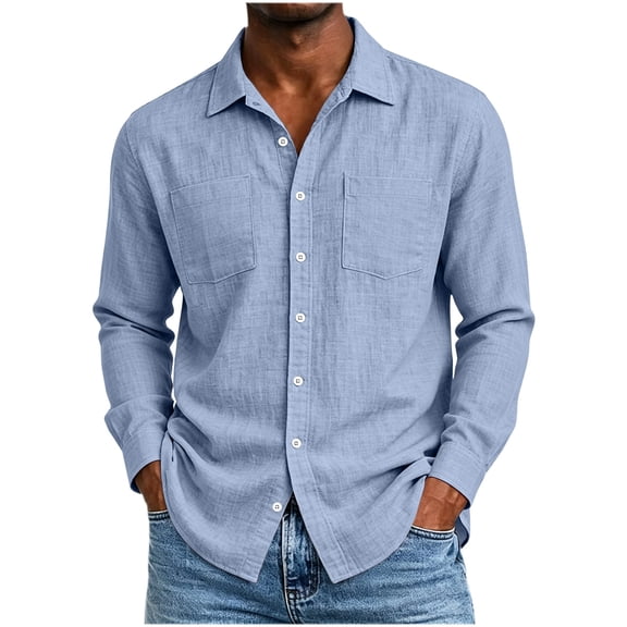 QIYAGBSA Long Sleeve Shirts for Men, Cotton Linen Button Down Collared Shirt with Pockets for Casual Weekend and Office Days