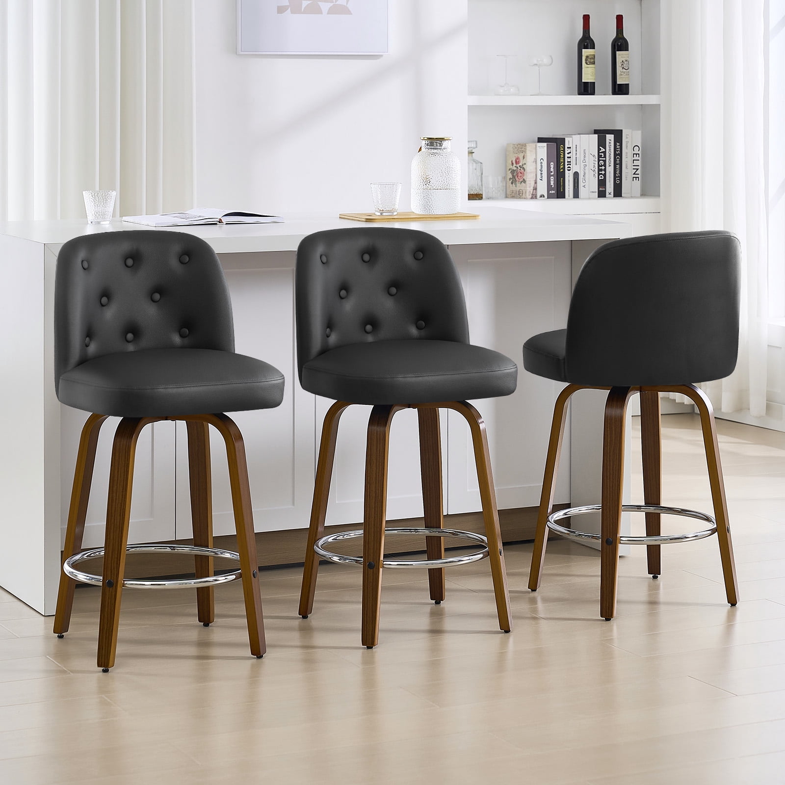 Foreate Swivel PU Bar Stools Set of 2, 26" Uholstered Leather with Button-tufted Mid-Back & Wood Legs, Modern Chair Kitchen Pub Island Counter Stool