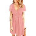 thumbnail image 2 of Vestido de mujer con botones de cintura alta, color rosa, escote en V, mangas cortas y detalle de botones en la parte delantera, talla L, primavera/verano, 2 of 6