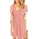 thumbnail image 2 of Vestido con botones delanteros y cuello en V Vestido frontal con botones de cintura alta y manga corta para mujer Primavera Verano Rosa M, 2 of 6
