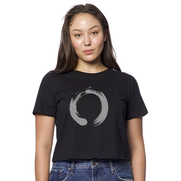 Womens ENSO Japanese Symbol American-Made Cute Cropped Yoga Tee Shirt, Small Black
