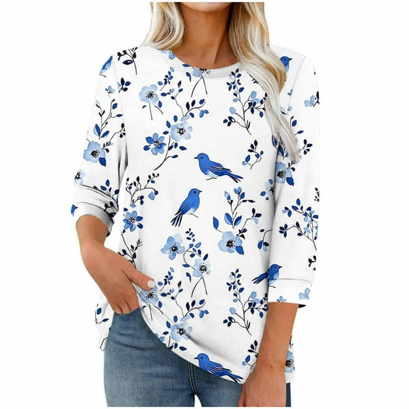 Womens Tops Fashion Printed T-Shirt 3/4 Sleeves Blouse Round Neck Casual Top Basic Tees For Women