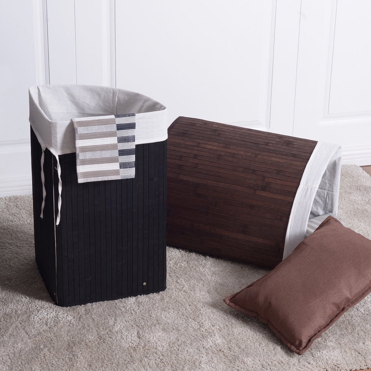 Costway Corner Bamboo Hamper Laundry Basket Washing Cloth Bin Storage Bag Lid Brown