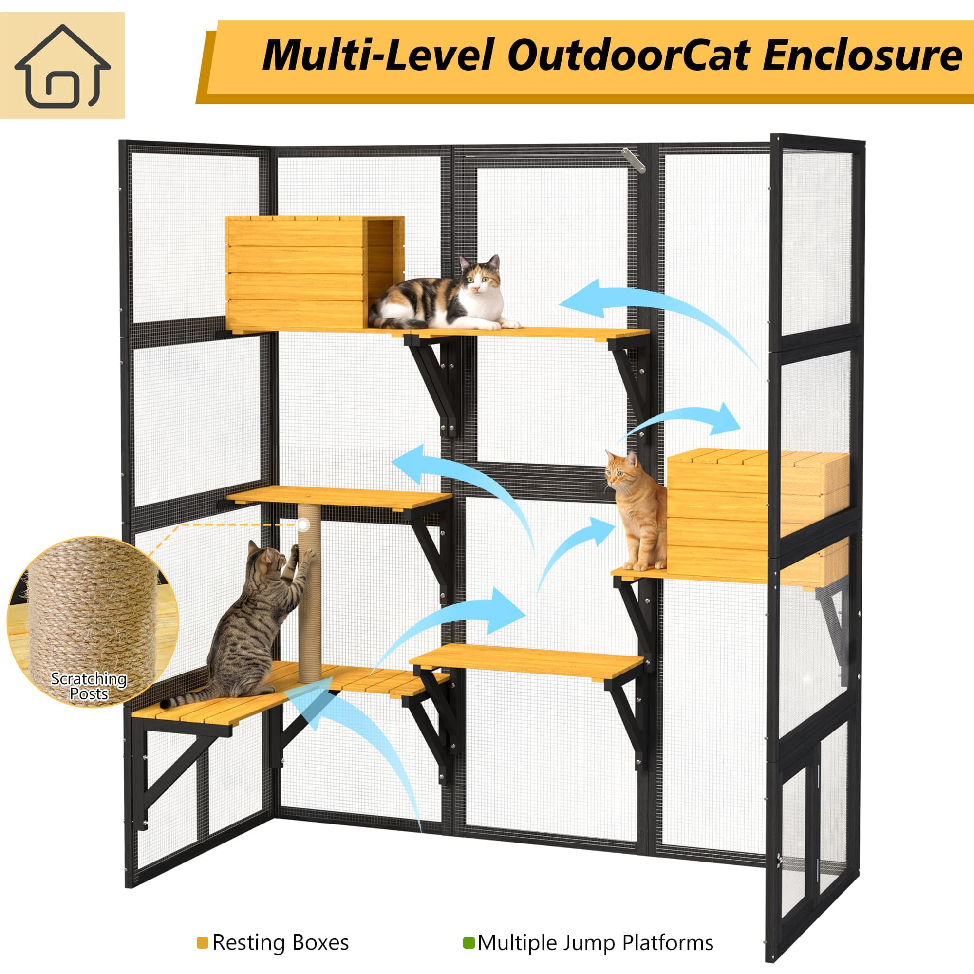 GYSIBAPO Large Wooden Catio Outdoor Cat Enclosure, Walk-in Cat House with 2 Condos, 5 Platforms, 4 Doors & Weatherproof Roof