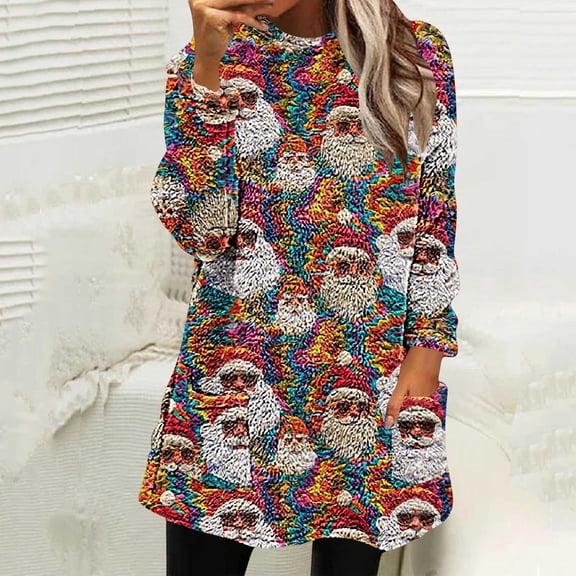 Dolkfu Long Sleeve Womens Fall Winter Tops Crew Neck Santa Claus Multicolor Flannel Pullover Tops Graphic Prints Retro Vintage Tops Multicolor,L