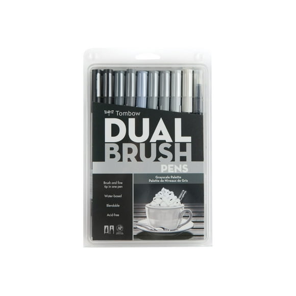 Tombow Double Brosse - combo Pinceau et Marqueur - pour Papier de Traçage, Papier à Dessin vellum - Couleurs Assorties - Encre à Base d'Eau - Fin (Lot de 9)