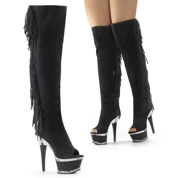 6 1/2"Heel, 2 1/2" PF Peep Toe Thigh High Boot, Side Zip - Blk Microsuede/Blk Matte, 9