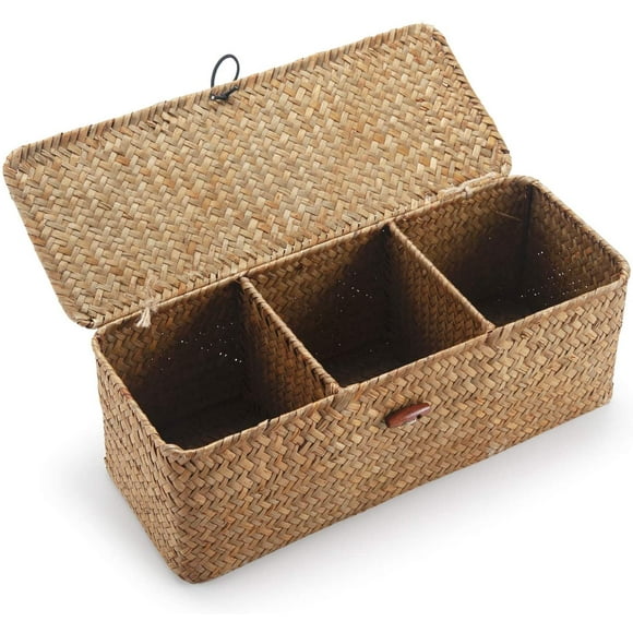 Cesta de almacenamiento de algas marinas con tapas rectangulares. Baúl de mimbre con compartimento para organizar papel higiénico, refrigerios y juguetes.