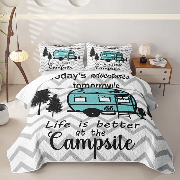 Erosebridal Happy Camping Camper Twin Quilt Set, Gray Wave Stripe Twin Coverlet Set, 2-Piece 1 Bedspread and 1 Pillowcase