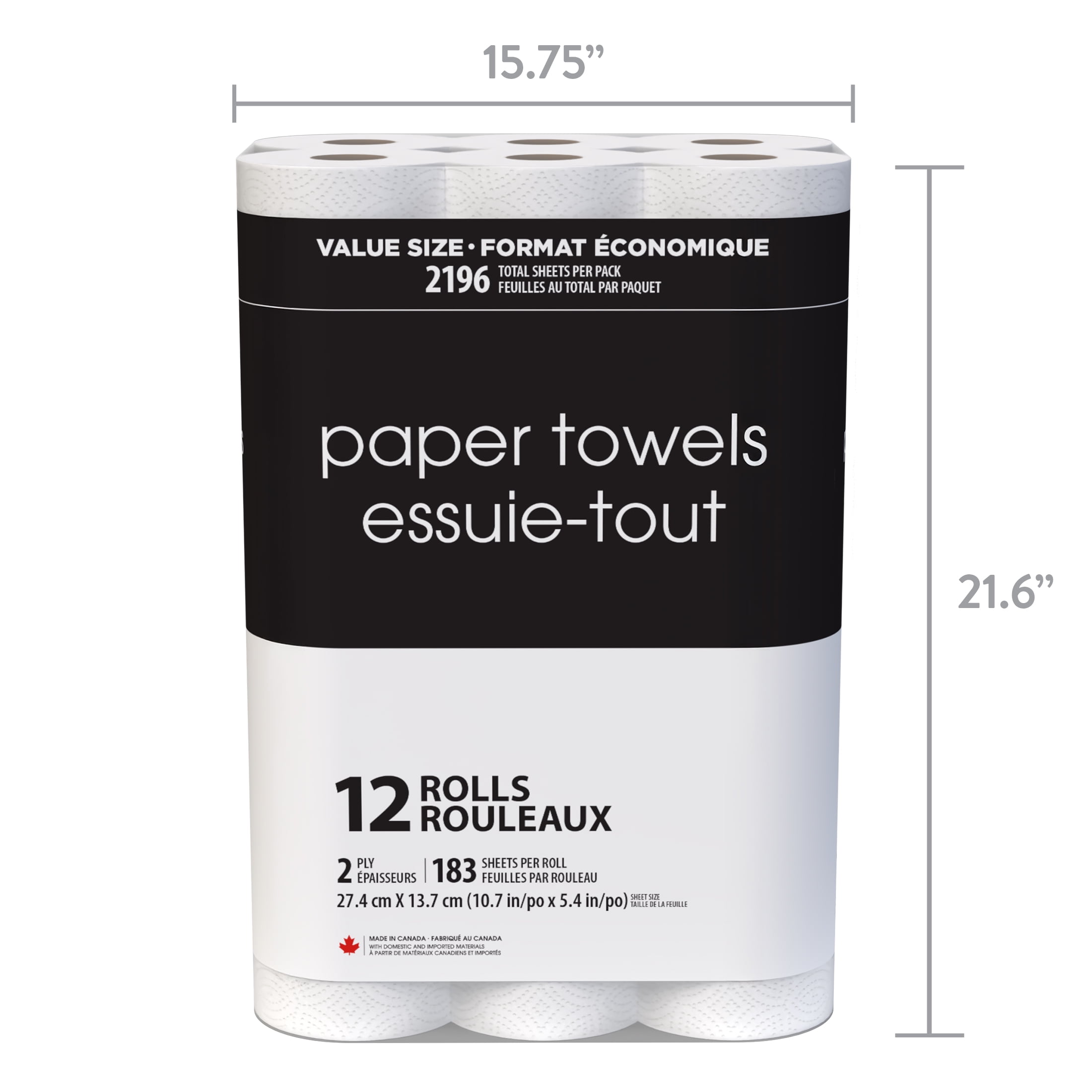 Black & White 12 Value Size Rolls 183 Sheets, 2-Ply Paper Towel, BLACK & WHITE PAPER TOWELS 12 ROLLS 183S
