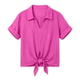 thumbnail image 4 of QIYAGBSA Short Sleeve Top for Women Collared V Neck Tie Front Relaxed Fit Solid Color Casual Summer (Hot Pink S), 4 of 6