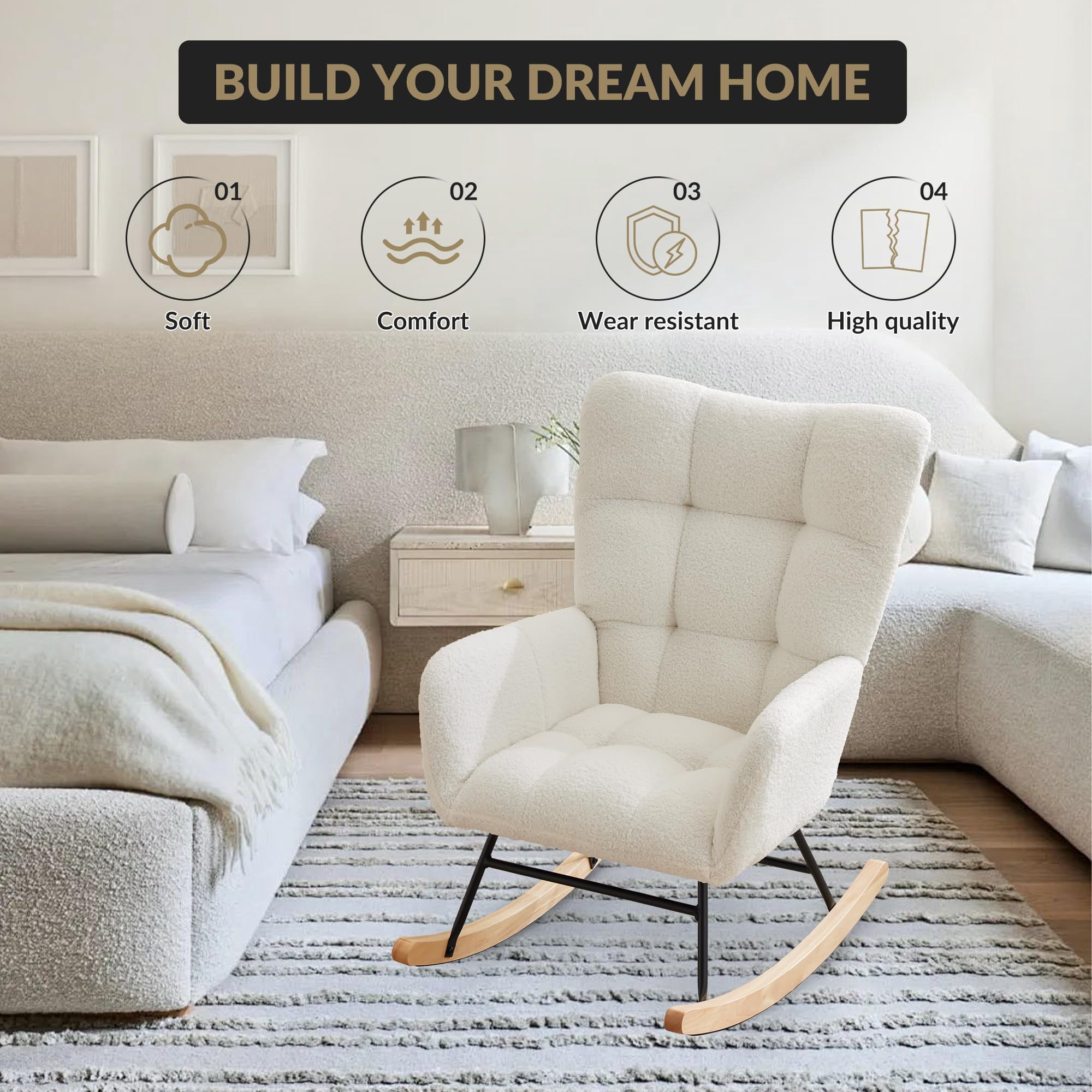 300Lbs Load-Bearing Nursery Glider Rocking Chair, Teddy Upholstered, High Backrest & Armrests, Side Pockets, Padded Seat, High Backrest, Armrests, Metal Legs & Wood Base for Living Room, Bedroom