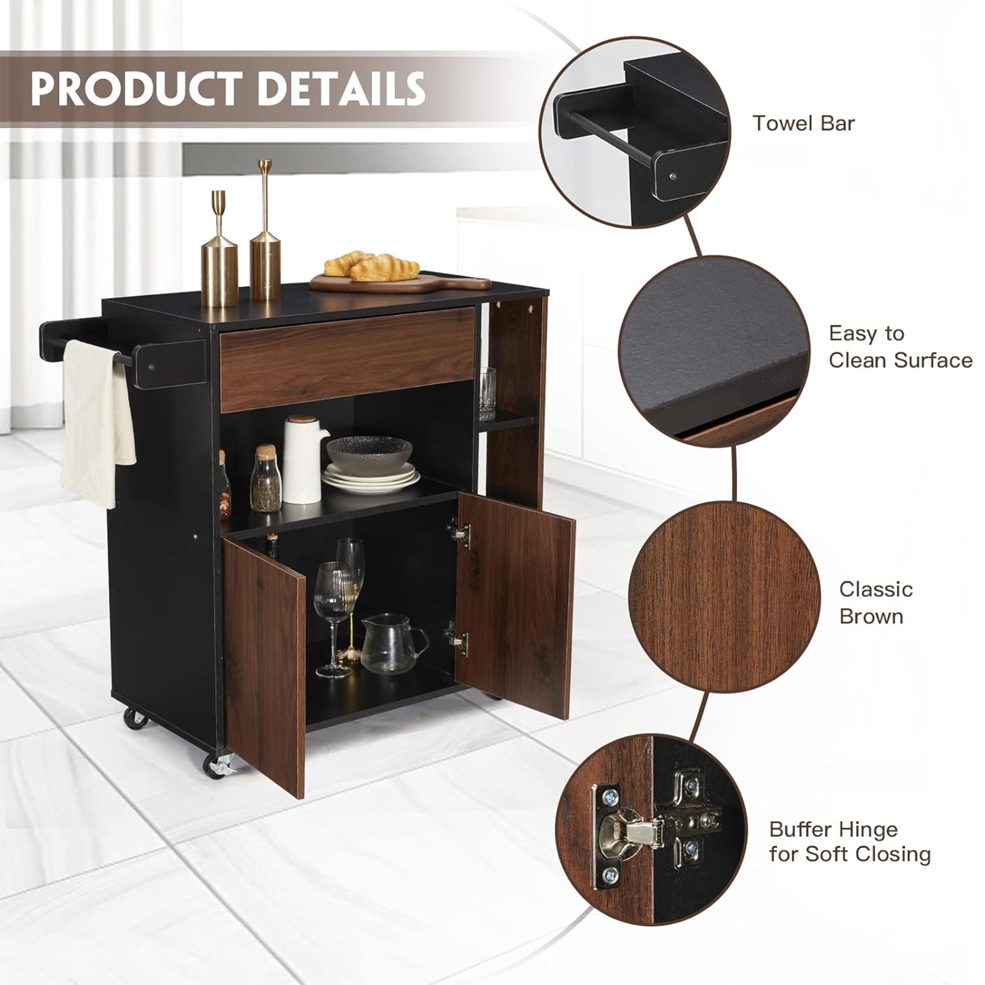 JOMEED Home Kitchen Island Rolling Cart with Storage Drawers and Towel Rack