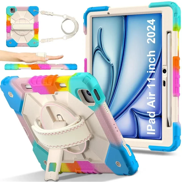 Étui pour iPad Air 11 Pouces M3 2025 M2 2024 7e/6e Génération avec Support Rotatif, Porte-Crayon, Sangle de Main/épaule, Étui de Protection Antichoc Robuste