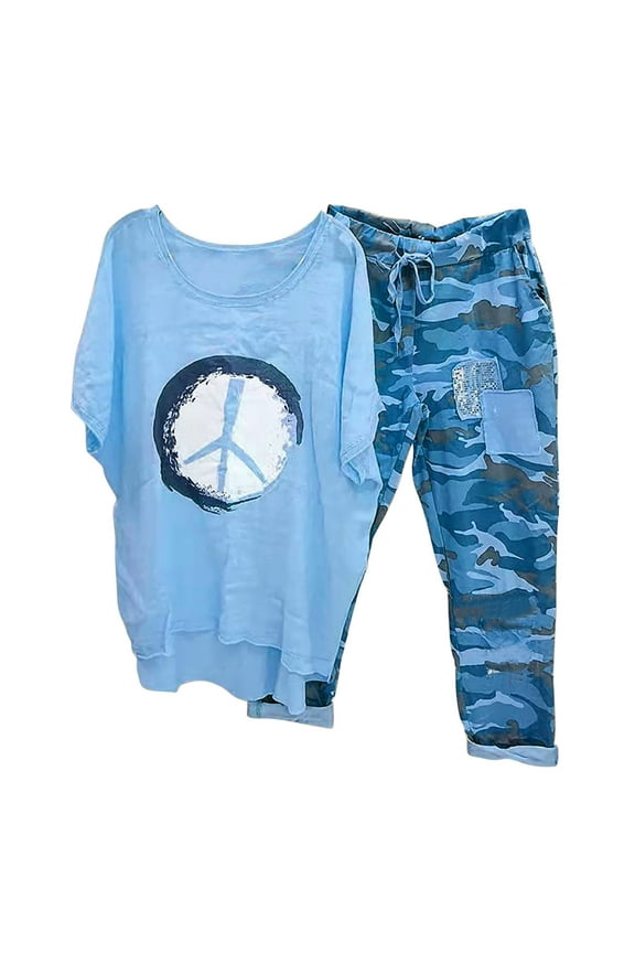 Dyegold 2 Piece Outfits For Women Summer Plus Size Half Sleeve Blouse And Shorts Set Comfy Camouflage Pants Tracksuit Set