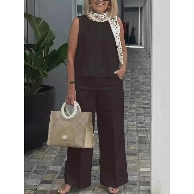 Trajes sencillos de lino y algodón para mujer, blusa holgada sin mangas a la moda de verano, pantalones de pierna ancha, conjunto de dos piezas para mujer, trajes informales