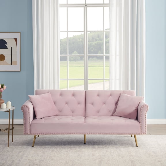 Futon Sofa Bed,Convertible Velvet Nail Head Sofa Bed with Throw Pillow and midfoot,Adjustable Folding Accent Sofa Tufted Loveseat for Living Room Bedroom,Pink