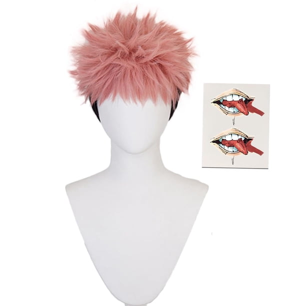 Shancon Anime Yuji Itadori Peluca de Cosplay y Etiqueta Engomada del Tatuaje Rosa Mezclado Negro Corto Rizado Pelo de Fiesta Accesorios de Halloween Accesorio para Adultos