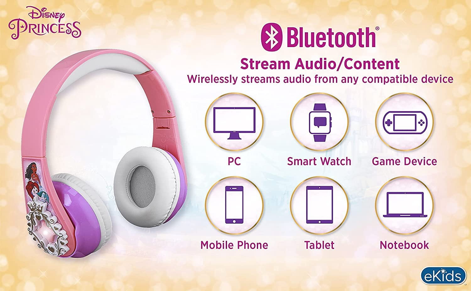 eKids Disney Princess Bluetooth Headphones with EZ Link, Microphone and Aux Cord