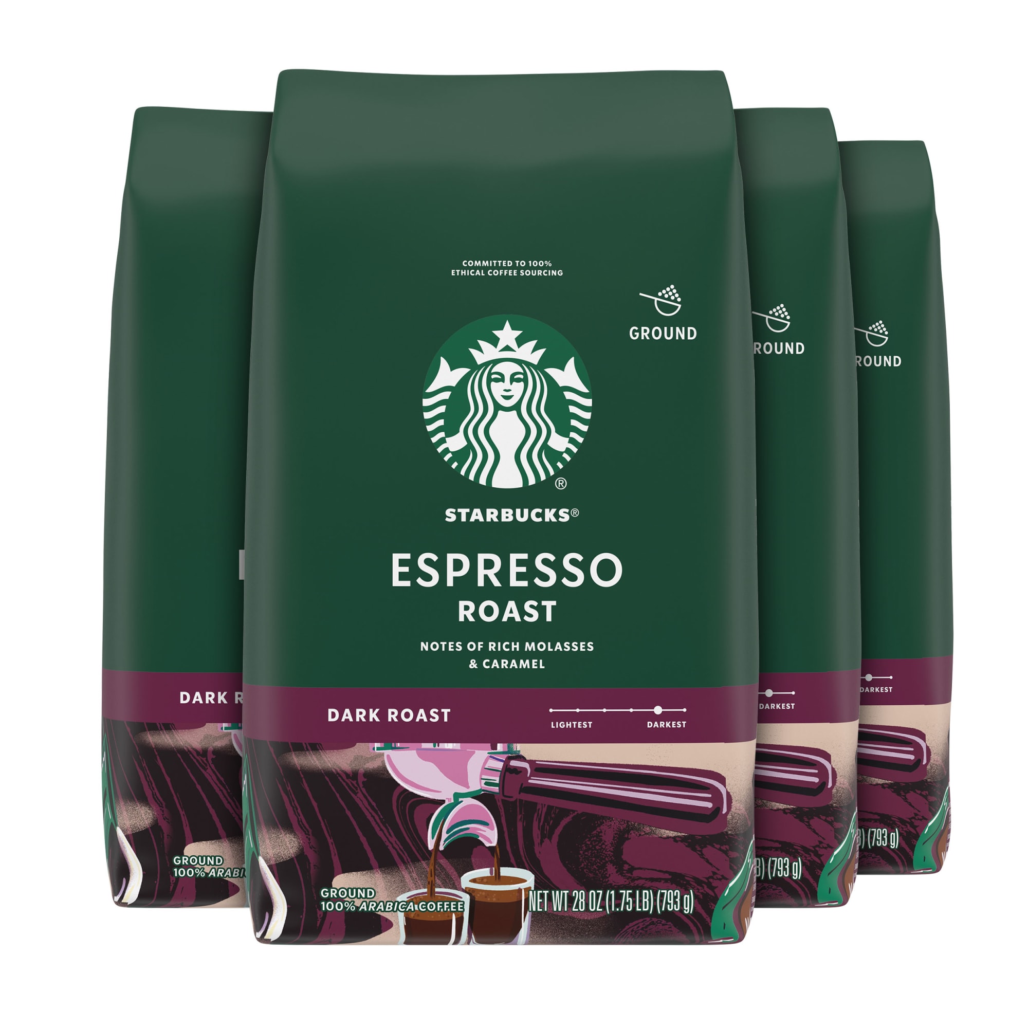 (4 pack) Starbucks Espresso Roast, Ground Coffee, Dark Roast Hot or Iced Coffee, 28 oz (4 Bags)