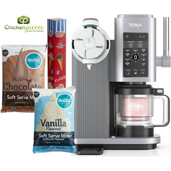 Ninja CREAMi Swirl 13-in-1 Ice Cream Machine Starter Kit- Chocolate & Vanilla Soft serve Mixes 6lbs each & 132 Joy Cones