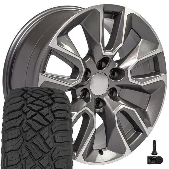 OE Wheels CV32 20 Inch Rims and Tires Fit Silverado 1500 RST Style 6x139.7 20x9 Gloss Gunmetal Machined - Hollander 5916 - TerraMax RT 275/55-20 (Set of 4)