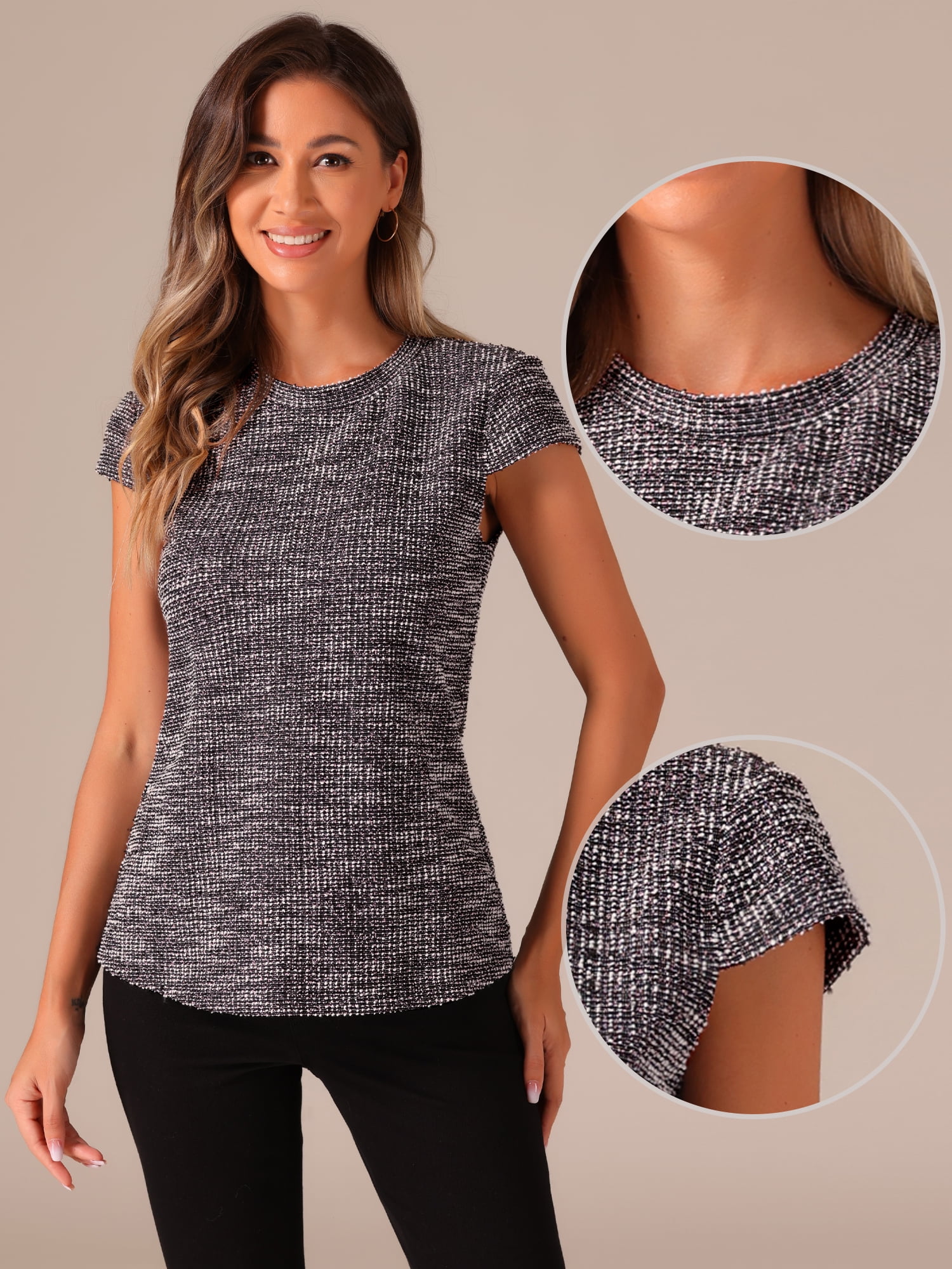 DARING DIVA Women's Tweed Plaid Short Cap Sleeve Casual Blouses XS Pink Black