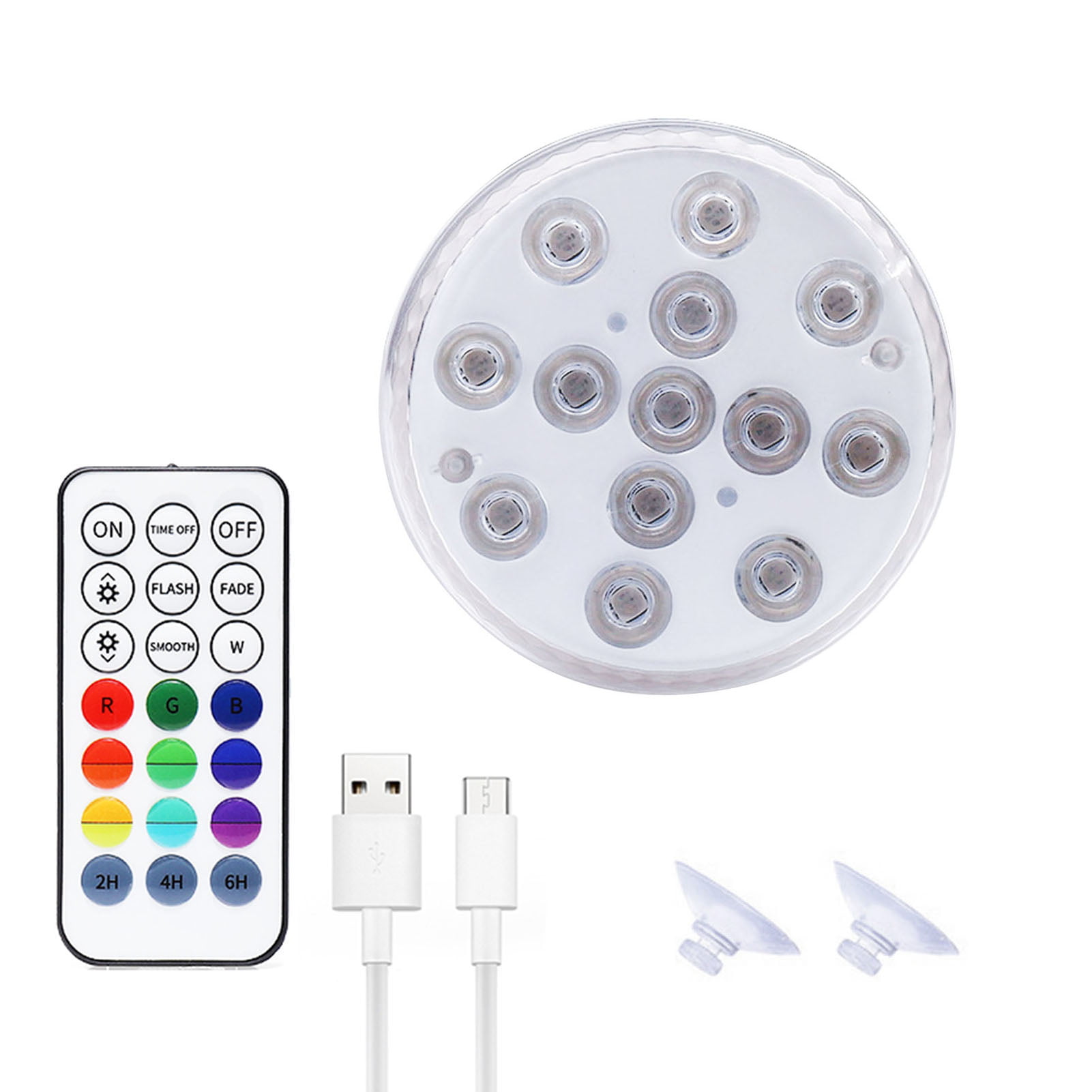 Fish Tank Bathroom 13LED USB Rechargeable Underwater Light Swimming Pool Light 7cm Diameter with RF Remote Control 3 Magnets 2 Suction Cups IP68 Diving Light for Swimming Pool Fountain