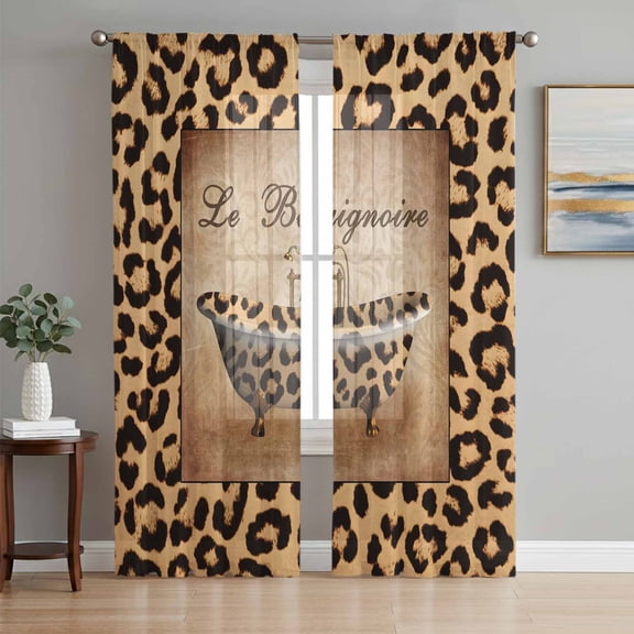 Sheer Curtains 63 Inch Length 2 Panels Set for Bedroom, Leopard Printed Semi Sheer Curtains for Windows, Funny Animals Textured Bathtubs Voile Window Treatments Rod Pocket Curtain