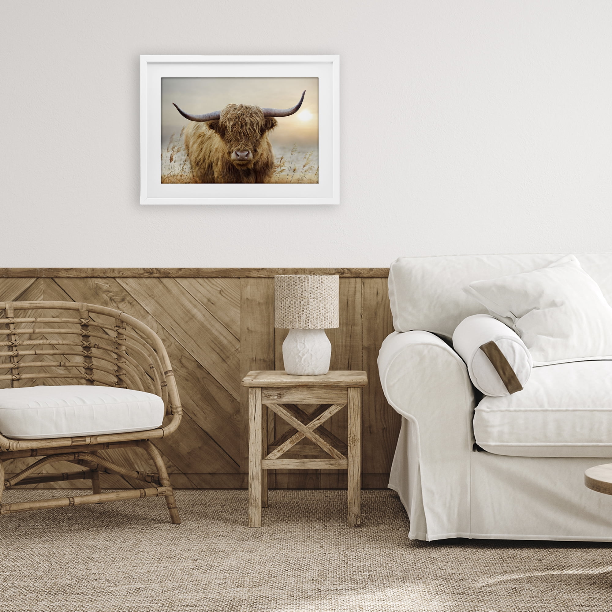 Stupell Industries Highland Cow & Warm Sunset White Framed Print Under Glass, design by CAD Designs