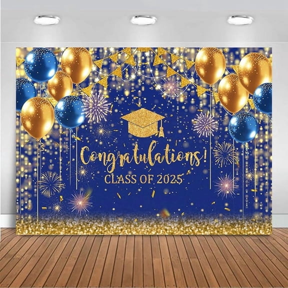 Graduation Backdrop Class of 2025 Blue and Gold Graduation Decorations 2025 Graduation Background School Class Congrats Grad 2025 Banner Photo Booth Props