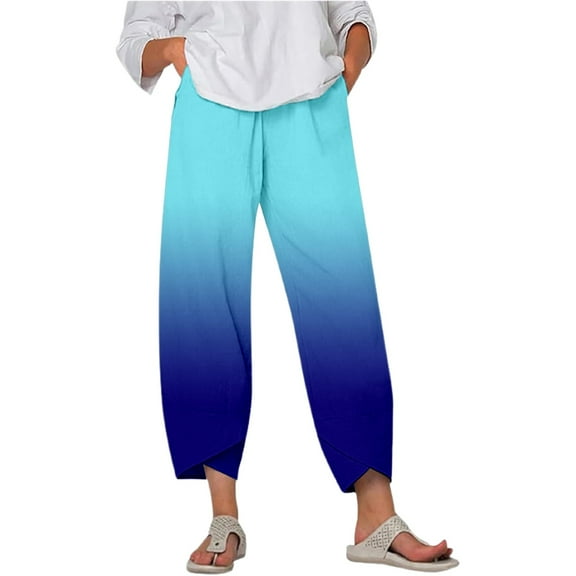 Fiaer,Womens Plus Size Capri Palazzo Trouser for Vacation Beach Daily,Women's Loose Fit Printed Trendy Pants,Ladies Stretch High Waist Running Hiking Joggers with Pockets Blue S