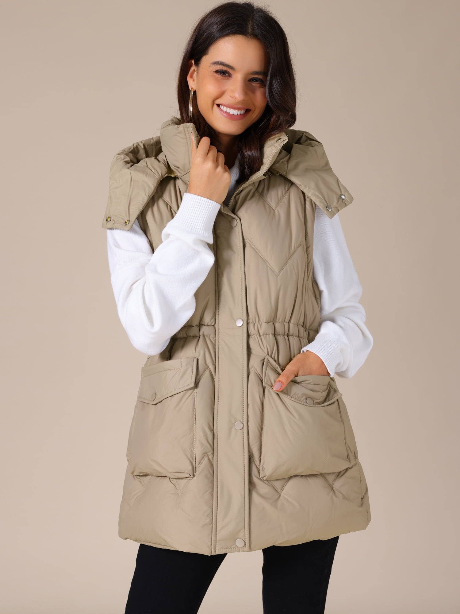 DARING DIVA Women's Puffer Vest Coat Hooded Zip Up Long Sleeveless Jacket 2XL Khaki