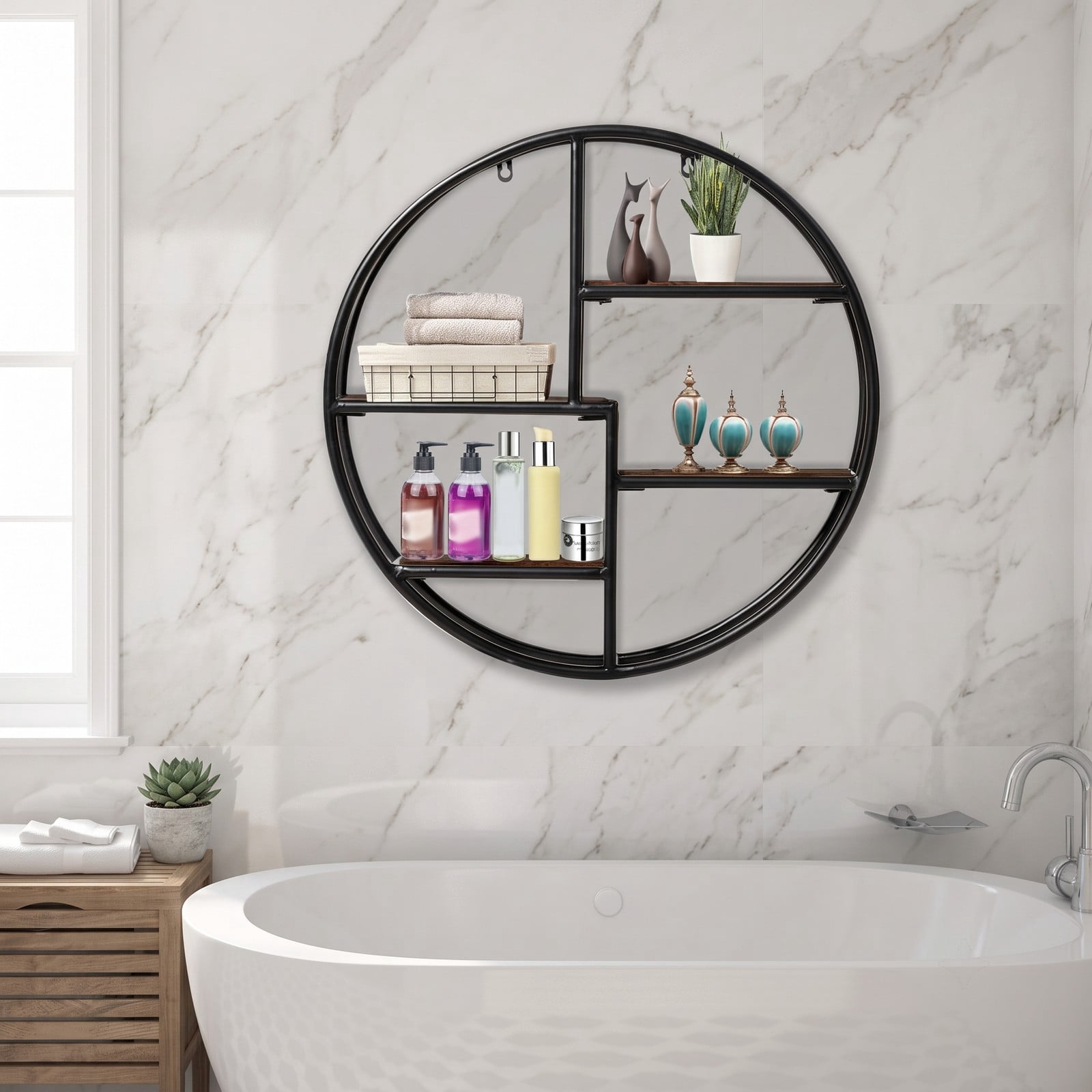 Furnibear Round Floating Shelf 4-Tier Wall-Mounted Storage Rack, Solid Wood and Metal Circular Hanging Display Shelves for Living Room Bedroom Bathroom Office, Black