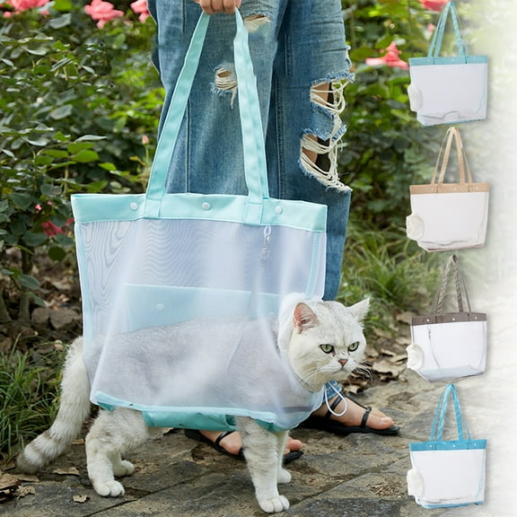 Portable Transparent Pet Carrier Bag | Breathable Nylon Mesh | Foldable Handheld Travel Bag | Secure Drawstring Window | Reinforced Ventilation | 67x32x18cm | Sky Blue Gray Beige Mint Green