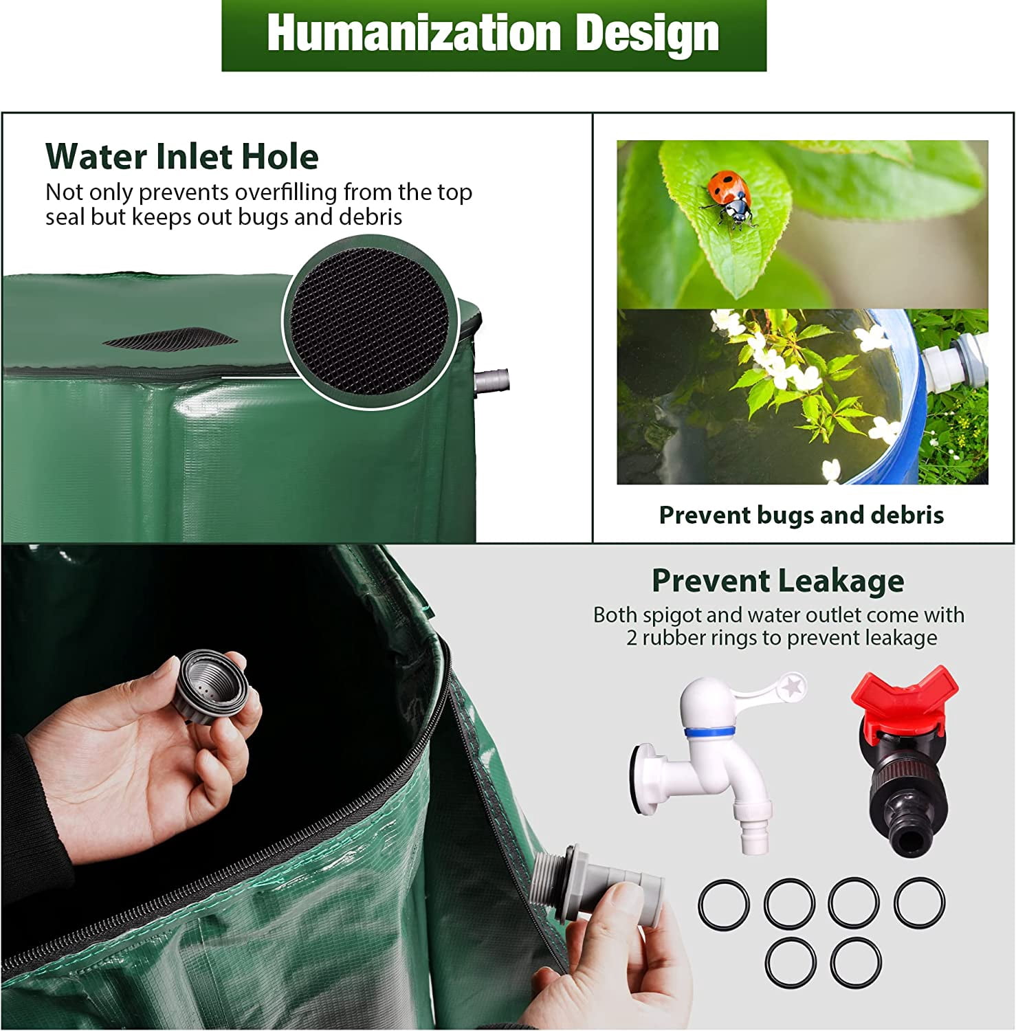 100 Gallon Portable Rain Barrel Water Tank, Collapsible Rainwater Collection System, Water Storage Tank, Garden Water Catcher with Faucet & Overflow, Green