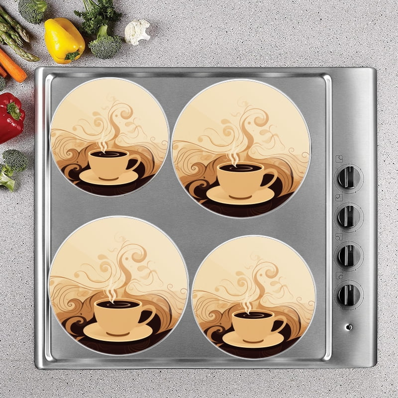 BaHomeck Electric Stove Burner Covers Set of 4,Round Metal Gas Stove Burner Covers 8 Inch and 10 Inch,Kitchen Decor,Steaming Cup Of Coffee
