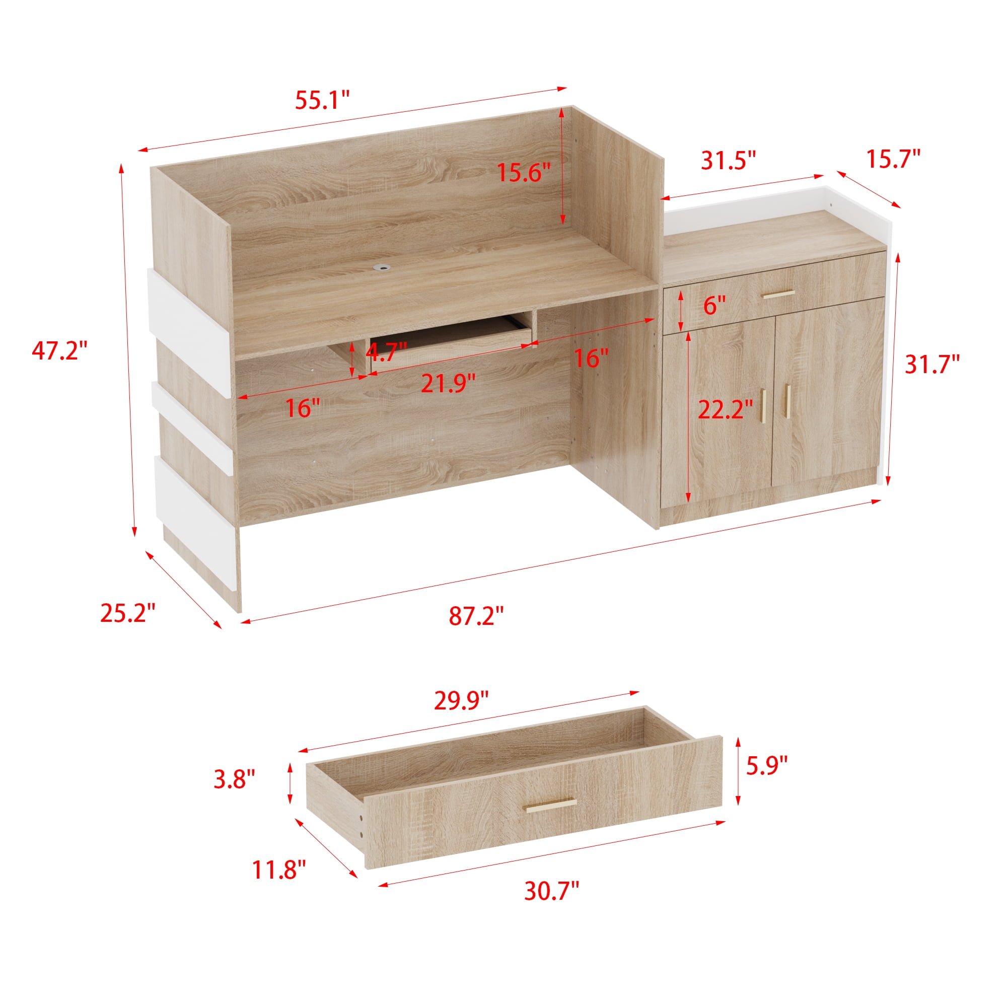 KULAGAGA Reception Desk with Drawer & Cabinet, Reception Counter Desk with Keyboard Tray, Front Reception Table Retail Counter for Checkout, for Office Store, Oak and White, 25.2”D x 87.2”W x 47.2”H