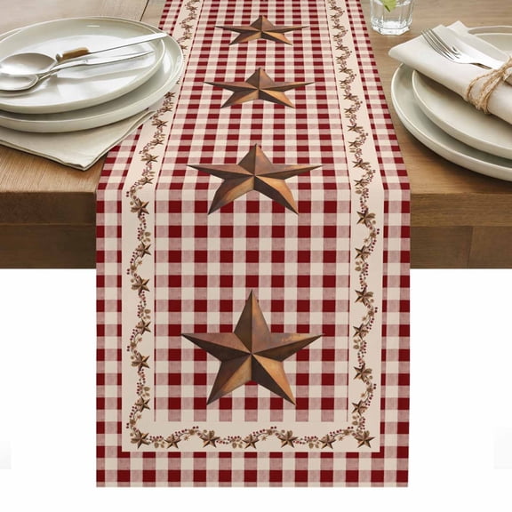 Brown Western Texas Star Vintage Table Runner - 60 Inch Long, Kitchen Dining Table Runner Dresser Scarves, Rustic Farmhouse Red Plaid Farmhouse Decor for Coffee Tables Wedding Party Banquet