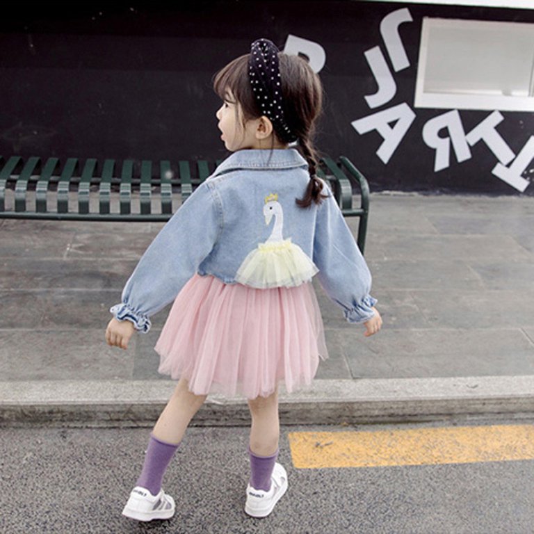 Toddler Baby Girl Long Sleeve Tulle Dress +Swan Print Denim Jacket