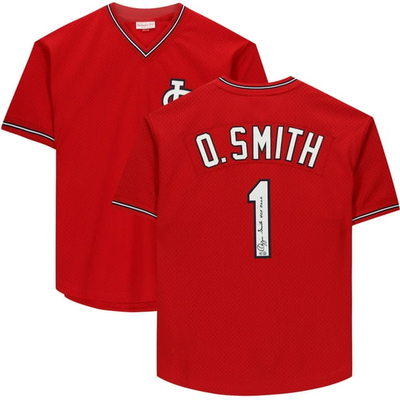 Ozzie Smith St. Louis Cardinals Autographed Scarlett Mitchell & Ness Batting Practice Jersey with "HOF 02" Inscription - Fanatics Authentic Certified