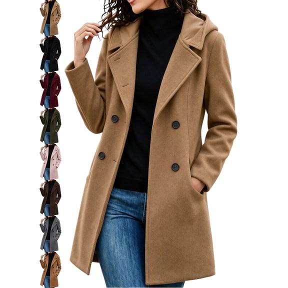Elegant Wool Coat for Women Hooded Double Breasted Long Sleeve Mid Length Work Outerwear