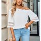 thumbnail image 4 of Blusa de un hombro para mujer, manga de panel de malla 3/4, blusa informal con correa de metal de color puro para primavera y verano, 4 of 8