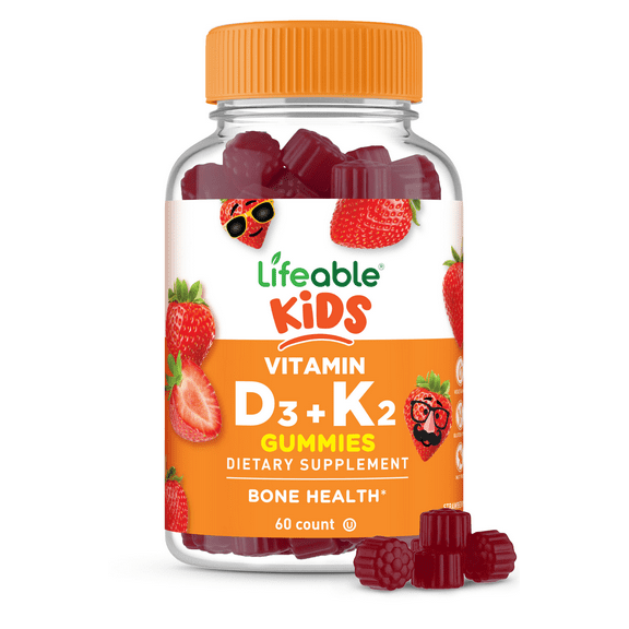 Kids Vitamin D3   K2 Gummies, Natural Strawberry, 60 Gummies, Lifeable