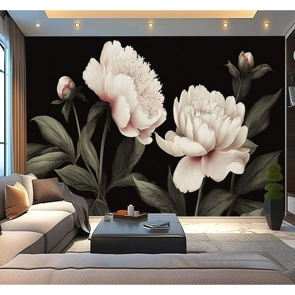 Peel and Stick Wallpaper Black Vintage Dark Contact Floral Peonies Buds Leaves Stems Petals Modern Art Wall Mural Decor Self Adhesive and Removable 100in x 144in