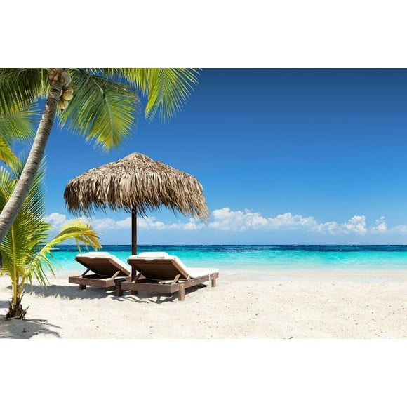 PPHAOSHO Coral Beach Lounge Chairs Palapa Tropical Palm Tree Poster frameless Painting Canvas Wall Posters Art Picture Print Modern Home Decor 16x24inch